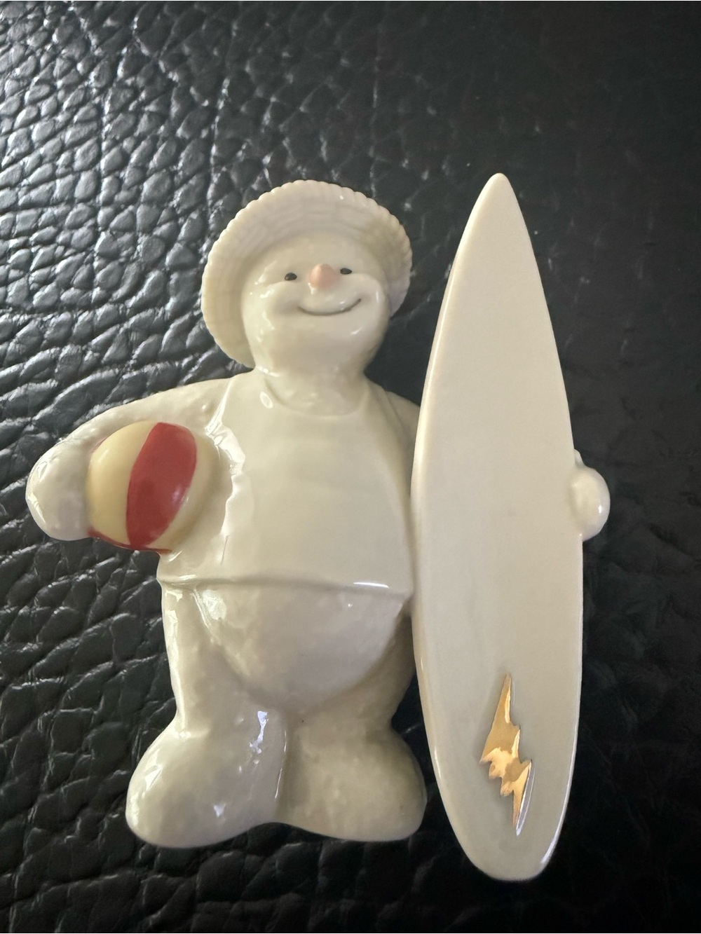 Lenox Vintage 2000 Ceramic Surfing Snowman Figurine with Beach Ball 4 Inch tall